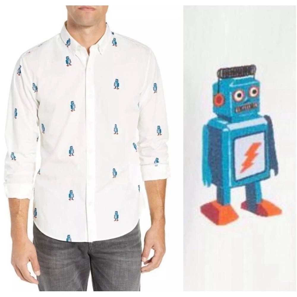 Bonobos Washed Button Down Slim Fit White Robot Print Sport Shirt Size Medium